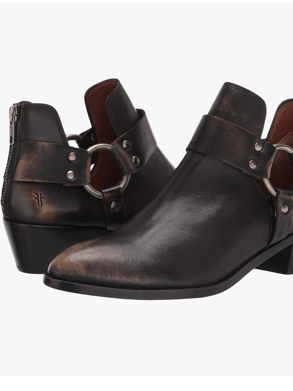 Frye Black Leather Harness Ankle Boot with Silver Ring
